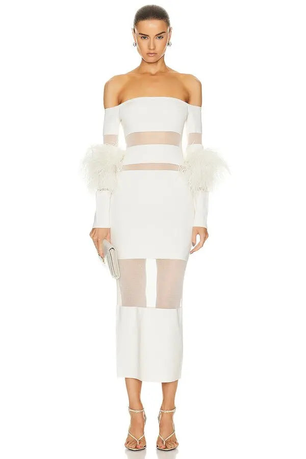 This exquisite Lapointe dress showcases sheer knit panels accented with delicate feather trims, offering a sophisticated textural contrast. The off-shoulder design enhances its elegant silhouette, creating a refined look ideal for special occasions. Crafted from a cotton-viscose blend with intricate intarsia detailing, the dress delivers both comfort and distinctive style.