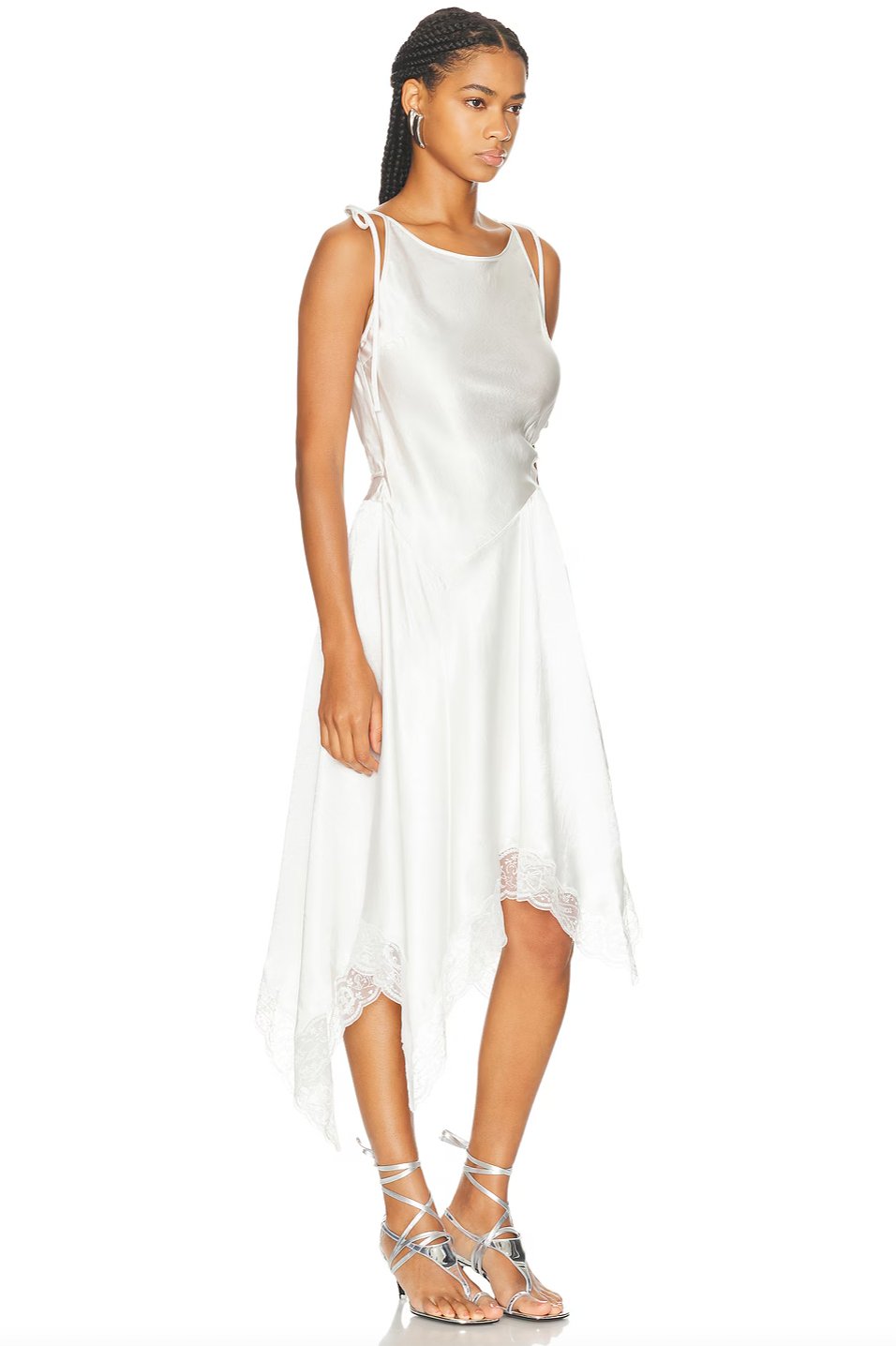 The Doyla Satin Lace Dress by Acne Studios features elegant shoulder tie-up closures and a wrap-style silhouette secured with a side tie-up, allowing for a customizable fit. Crafted from smooth satin fabric, it is delicately trimmed with lace for a refined touch. The asymmetrical hem enhances its sophisticated design, making this dress a perfect choice for occasions that demand both comfort and style.