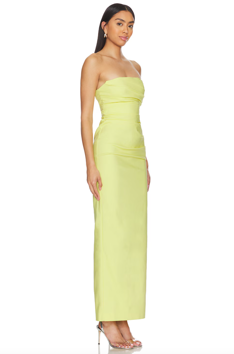 The Lani Strapless Draped Maxi Dress by Shona Joy features a double-lined design for a smooth, comfortable fit. Crafted from midweight ruched twill fabric, it offers both structure and fluidity, enhanced by a discreet back vent for ease of movement. The hidden back zipper closure ensures a sleek silhouette, while hand washing preserves the quality and appearance of the luxurious fabric. Ideal for refined occasions, this dress balances elegance with expert tailoring.