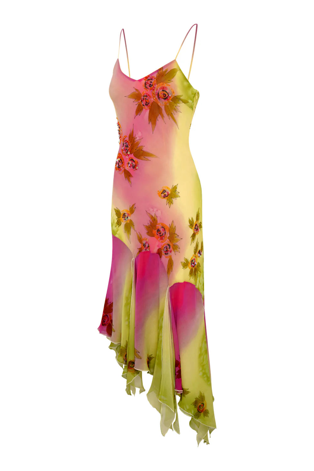 Crafted entirely by hand, the Coral Midi Dress showcases exquisite silk fabric detailed with intricate beadwork and custom floral embellishments in a captivating green and pink gradient watercolor. Its asymmetrical silhouette offers a unique, elegant shape that commands attention, making it a standout choice for refined occasions.