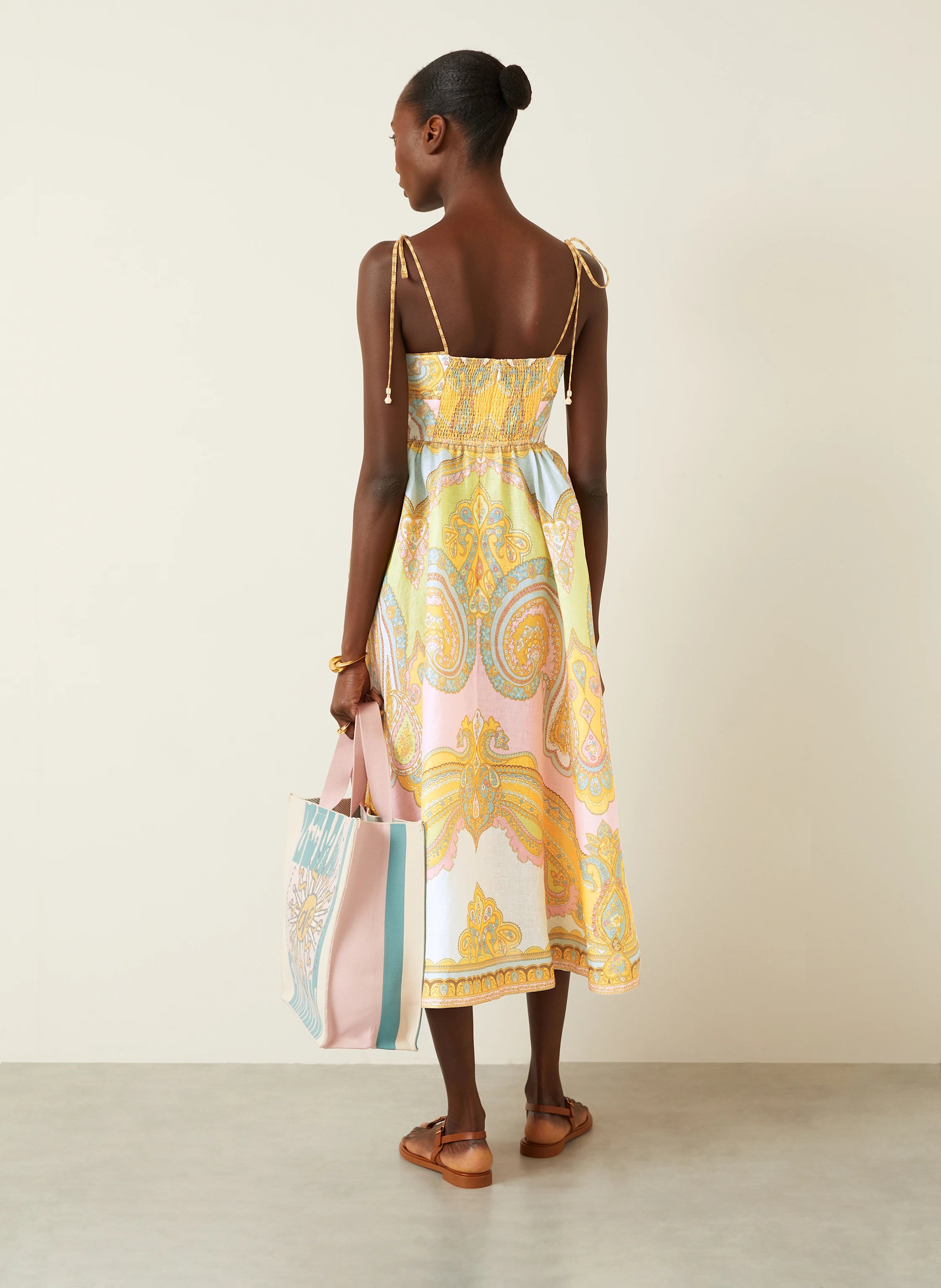 The Maxine Picnic Midi Dress by Zimmermann combines expert tailoring with breathable linen fabric for optimal comfort on warm days. Its boned bodice and smocked back provide a structured yet adaptable fit, while self-tie shoulder straps and a hidden back zipper maintain a sleek profile. Unlined for lightweight wear, this dress also includes practical side seam pockets, balancing functionality with refined style—ideal for sophisticated summer occasions.