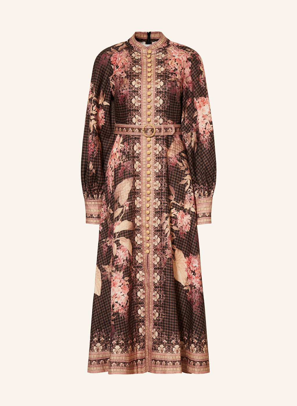 This Illuminate Linen Dress by Zimmermann features a tailored silhouette with a flared skirt, complemented by a stand-up collar and long balloon sleeves. It closes with a refined piped button placket at the front and a discreet invisible zipper at the back, ensuring a seamless fit. The high cuffs are fastened with invisible zippers, adding subtle detail, while a detachable belt with loops enhances the waist definition. 