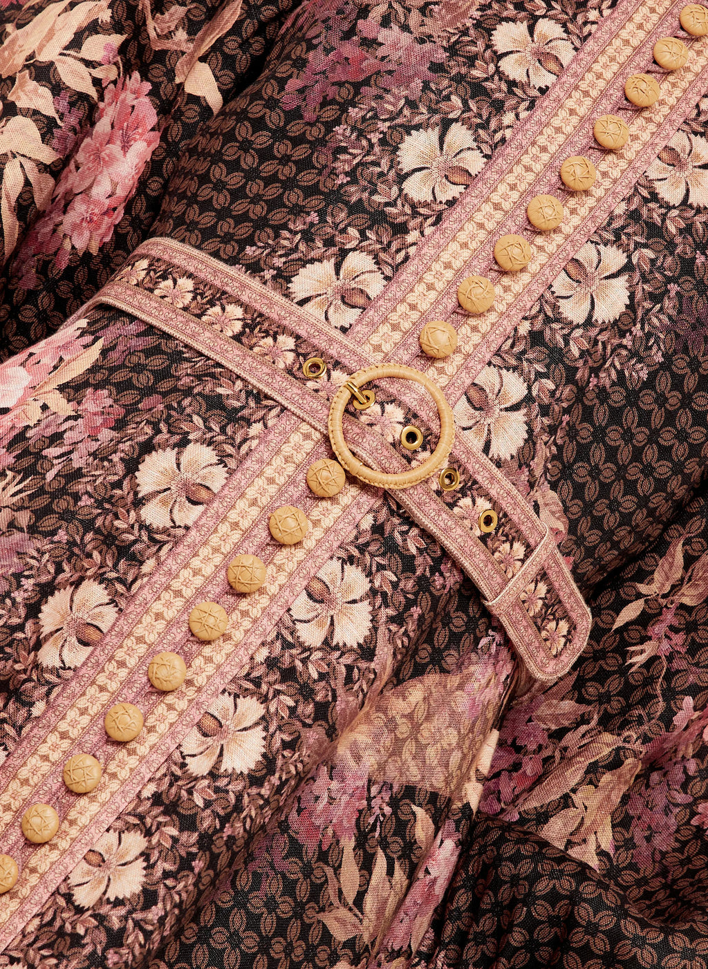 This Illuminate Linen Dress by Zimmermann features a tailored silhouette with a flared skirt, complemented by a stand-up collar and long balloon sleeves. It closes with a refined piped button placket at the front and a discreet invisible zipper at the back, ensuring a seamless fit. The high cuffs are fastened with invisible zippers, adding subtle detail, while a detachable belt with loops enhances the waist definition. 