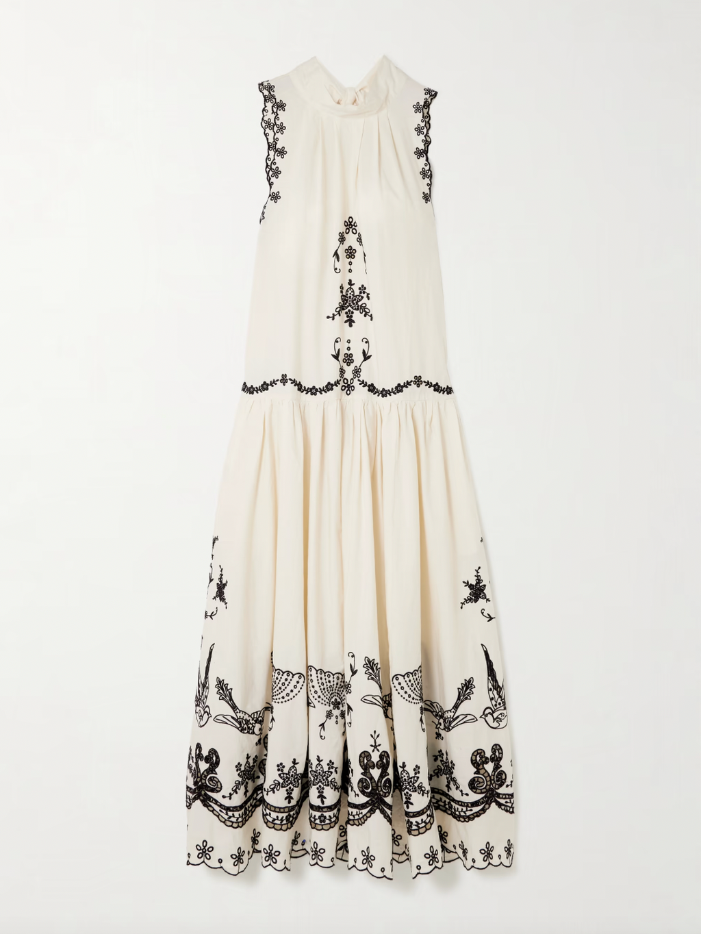 The Kingsley embroidered cotton midi dress by SEA NY showcases delicate pleats that elegantly fan out to reveal intricate embroidered birds, flowers, and garlands. Crafted from breathable cotton, it features broderie anglaise cutouts along the hem, adding refined detail and enhancing its airy, sophisticated appeal—ideal for warm-weather occasions requiring both comfort and expert design.
