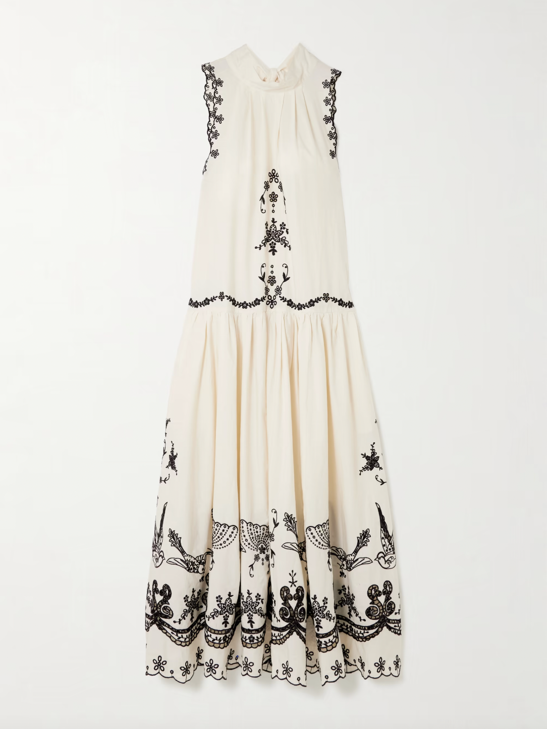 The Kingsley embroidered cotton midi dress by SEA NY showcases delicate pleats that elegantly fan out to reveal intricate embroidered birds, flowers, and garlands. Crafted from breathable cotton, it features broderie anglaise cutouts along the hem, adding refined detail and enhancing its airy, sophisticated appeal—ideal for warm-weather occasions requiring both comfort and expert design.