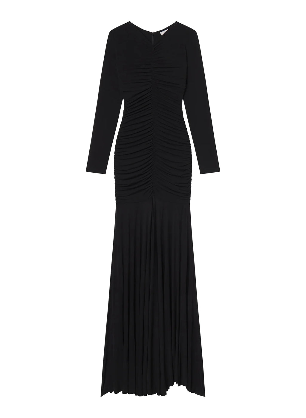 The Fawn Ruched Mesh Maxi Dress combines elegance and contemporary design through its sheer jersey fabric in timeless black. This full-length gown showcases a v-neckline with a delicately ruched bodice that enhances the silhouette, complemented by sheer sleeves for subtle sophistication. The pleated sheer skirt moves gracefully, offering fluidity and refined style suitable for formal occasions or evening wear.