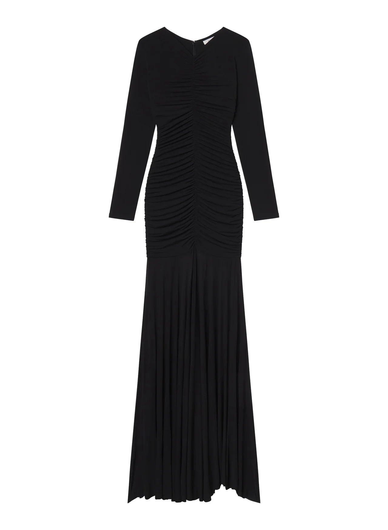 The Fawn Ruched Mesh Maxi Dress combines elegance and contemporary design through its sheer jersey fabric in timeless black. This full-length gown showcases a v-neckline with a delicately ruched bodice that enhances the silhouette, complemented by sheer sleeves for subtle sophistication. The pleated sheer skirt moves gracefully, offering fluidity and refined style suitable for formal occasions or evening wear.