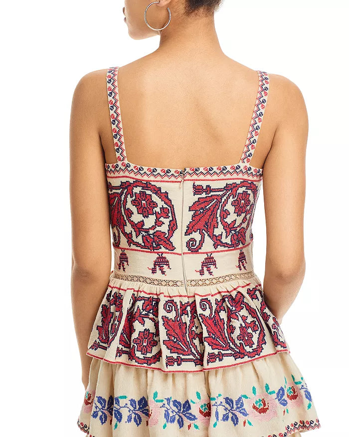 The Ramona Embroidered Dress by SEA New York showcases a sophisticated fit-and-flare silhouette with a flattering square neckline and secure back zip closure. Delicate embroidery adorns the entire dress, enhancing its refined appeal, while the tiered ruffle skirt adds movement and dimension. Designed with straps and fully lined for comfort, this piece combines elegance with thoughtful construction. Crafted in India, it exemplifies skilled artistry and attention to detail.