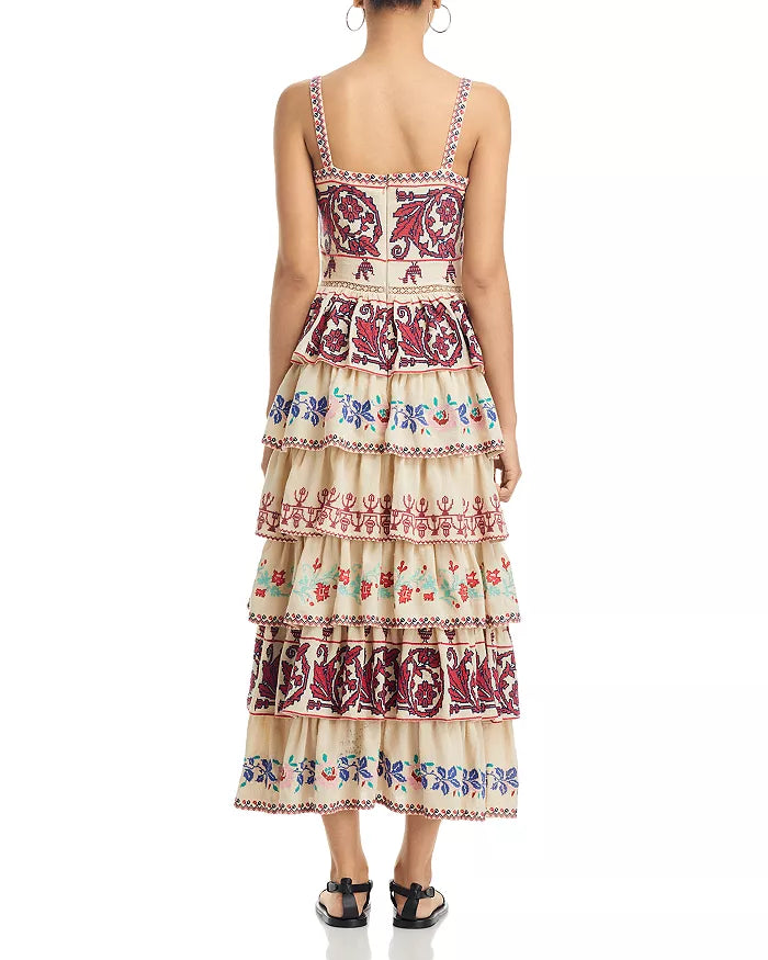 The Ramona Embroidered Dress by SEA New York showcases a sophisticated fit-and-flare silhouette with a flattering square neckline and secure back zip closure. Delicate embroidery adorns the entire dress, enhancing its refined appeal, while the tiered ruffle skirt adds movement and dimension. Designed with straps and fully lined for comfort, this piece combines elegance with thoughtful construction. Crafted in India, it exemplifies skilled artistry and attention to detail.