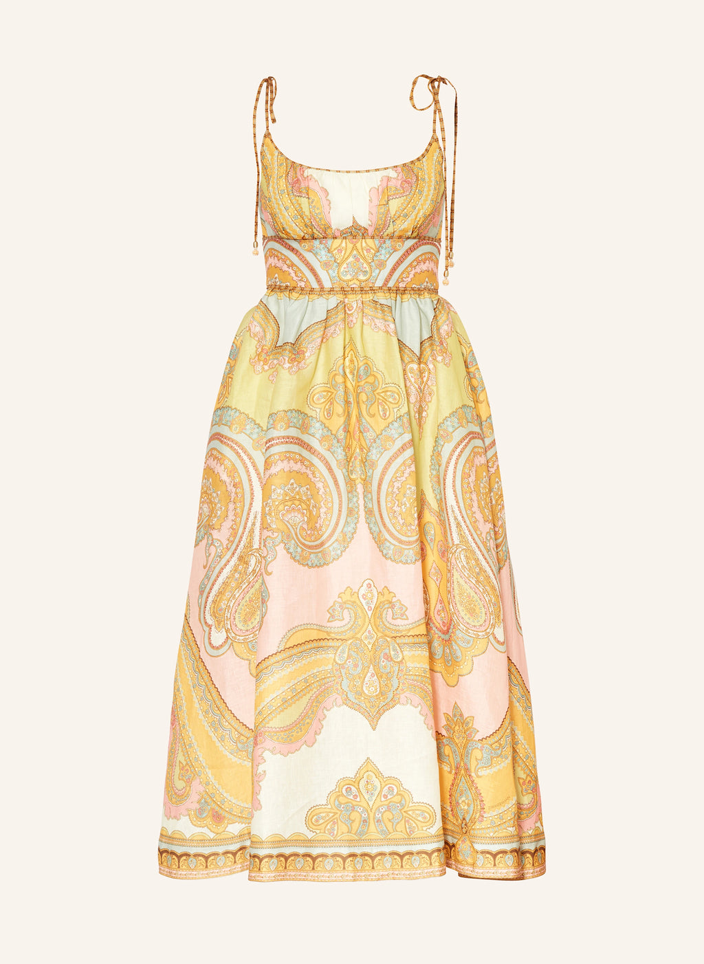 The Maxine Picnic Midi Dress by Zimmermann combines expert tailoring with breathable linen fabric for optimal comfort on warm days. Its boned bodice and smocked back provide a structured yet adaptable fit, while self-tie shoulder straps and a hidden back zipper maintain a sleek profile. Unlined for lightweight wear, this dress also includes practical side seam pockets, balancing functionality with refined style—ideal for sophisticated summer occasions.