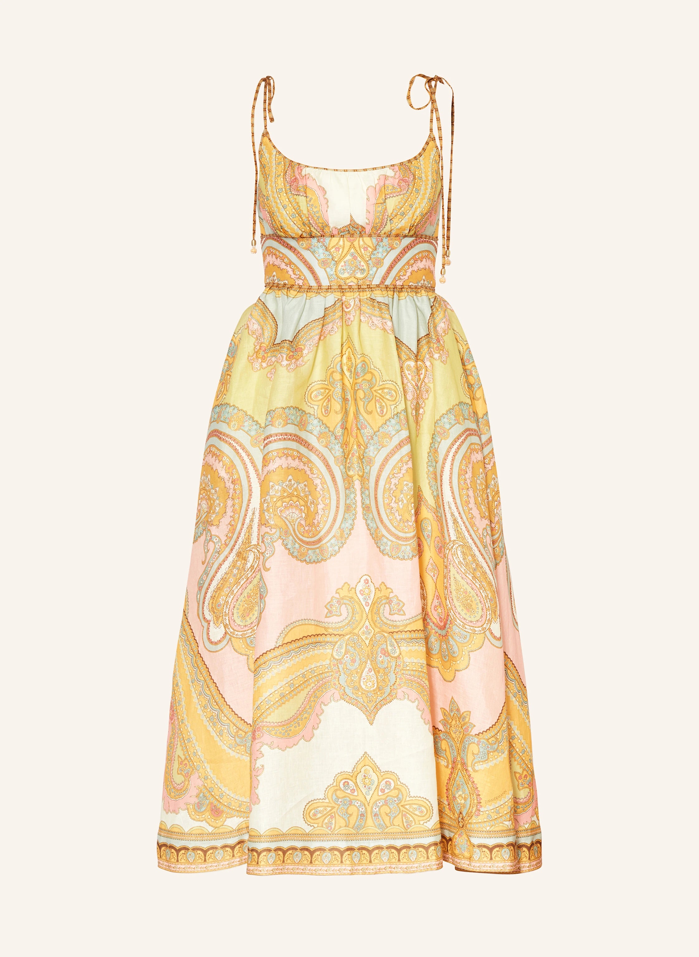 The Maxine Picnic Midi Dress by Zimmermann combines expert tailoring with breathable linen fabric for optimal comfort on warm days. Its boned bodice and smocked back provide a structured yet adaptable fit, while self-tie shoulder straps and a hidden back zipper maintain a sleek profile. Unlined for lightweight wear, this dress also includes practical side seam pockets, balancing functionality with refined style—ideal for sophisticated summer occasions.