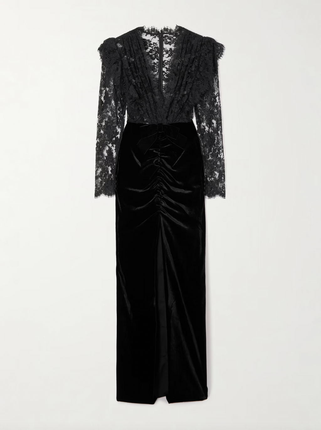 Elevate your evening wardrobe with this exquisite gown from Alessandra Rich. Crafted from sumptuous velvet and delicate lace, this piece seamlessly blends texture and refinement. The signature bow detail adds a touch of feminine elegance, creating a striking focal point that captures attention. Perfect for galas, formal celebrations, or any occasion demanding understated luxury, this gown drapes beautifully to flatter the silhouette while maintaining an air of timeless sophistication.