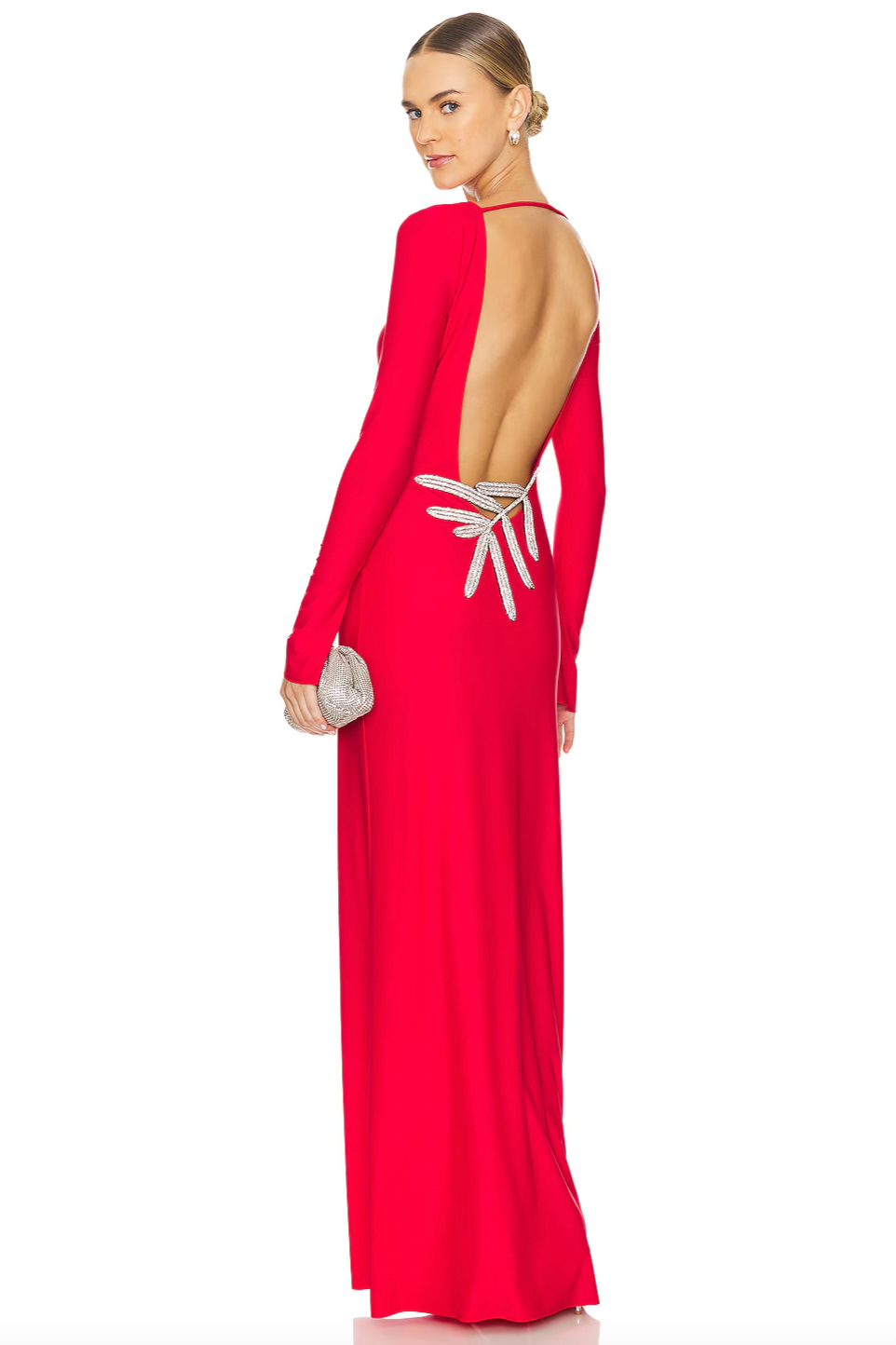 The Sabrine Dress combines elegance with subtle allure, featuring a low-cut back adorned with a delicate rhinestone-embellished leaf design that adds a refined sparkle. Crafted from slinky jersey fabric, it offers a smooth drape and comfortable fit, ideal for sophisticated occasions demanding both style and ease.