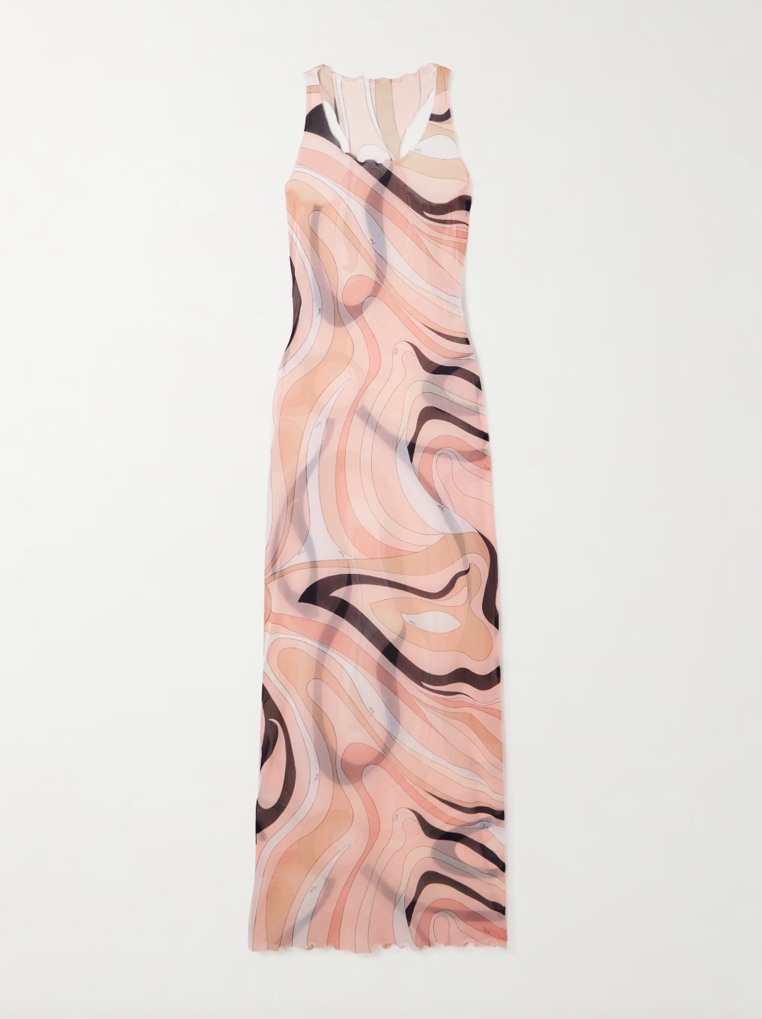 The Marmo Tulle Dress by PUCCI features sheer mesh fabric accented with delicate ruffled trims, showcasing the iconic marbled 'Marmo' motif from 1968. Designed for a body-hugging silhouette, it offers versatility—wear it over tonal underlayers for a chic look or as a stylish coverup for beach and boat outings.