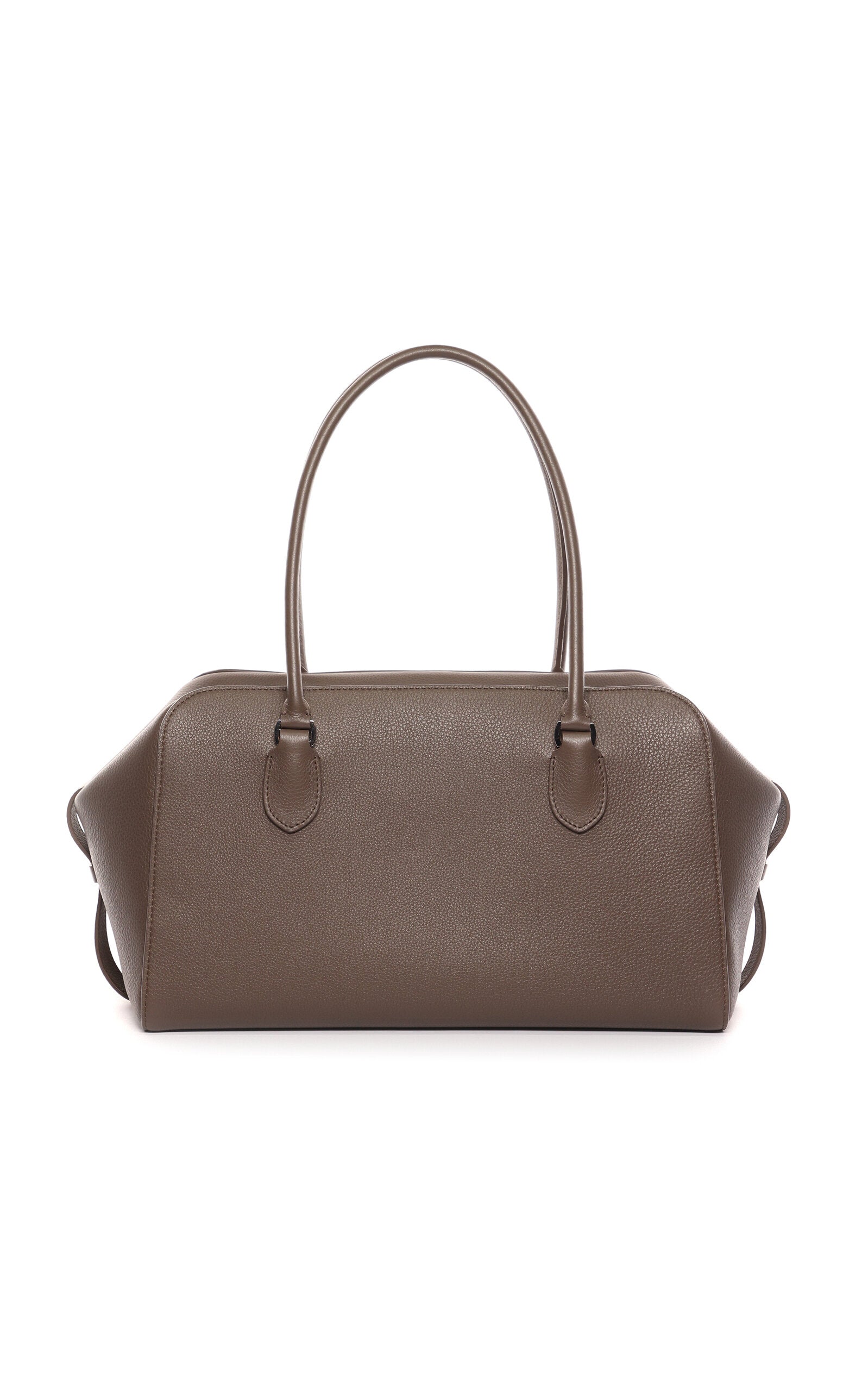 Crafted from luxurious grained calfskin leather, the E/W Leather Bowling Bag by The Row combines refined simplicity with architectural precision. Its structured silhouette features distinctive gussets and sturdy tubular handles, providing both style and durability. The secure zip-top closure ensures your essentials remain safe, making this bag a timeless accessory that embodies meticulous craftsmanship and understated elegance.