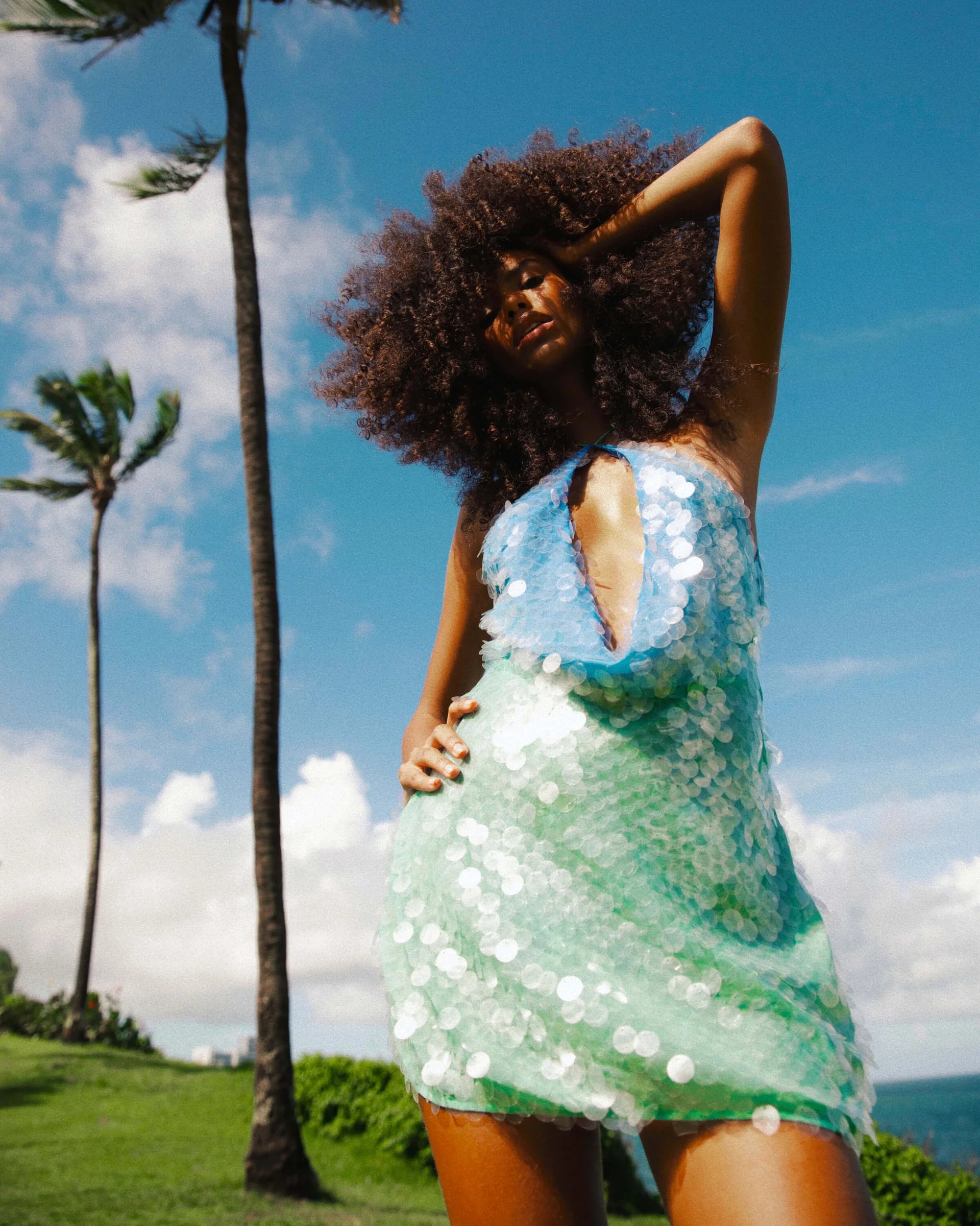 The Kiki Dress captivates with its molten sequin ombré, flowing seamlessly from blue to green for a striking summer soirée look. Expertly bias-cut, it contours the body with a flattering drape that highlights the luxe fabric’s fluidity. Featuring a sensual plunging back and dramatic cowl neckline, this dress embodies refined elegance and vibrant energy, perfect for making a lasting impression on warm, lively nights.