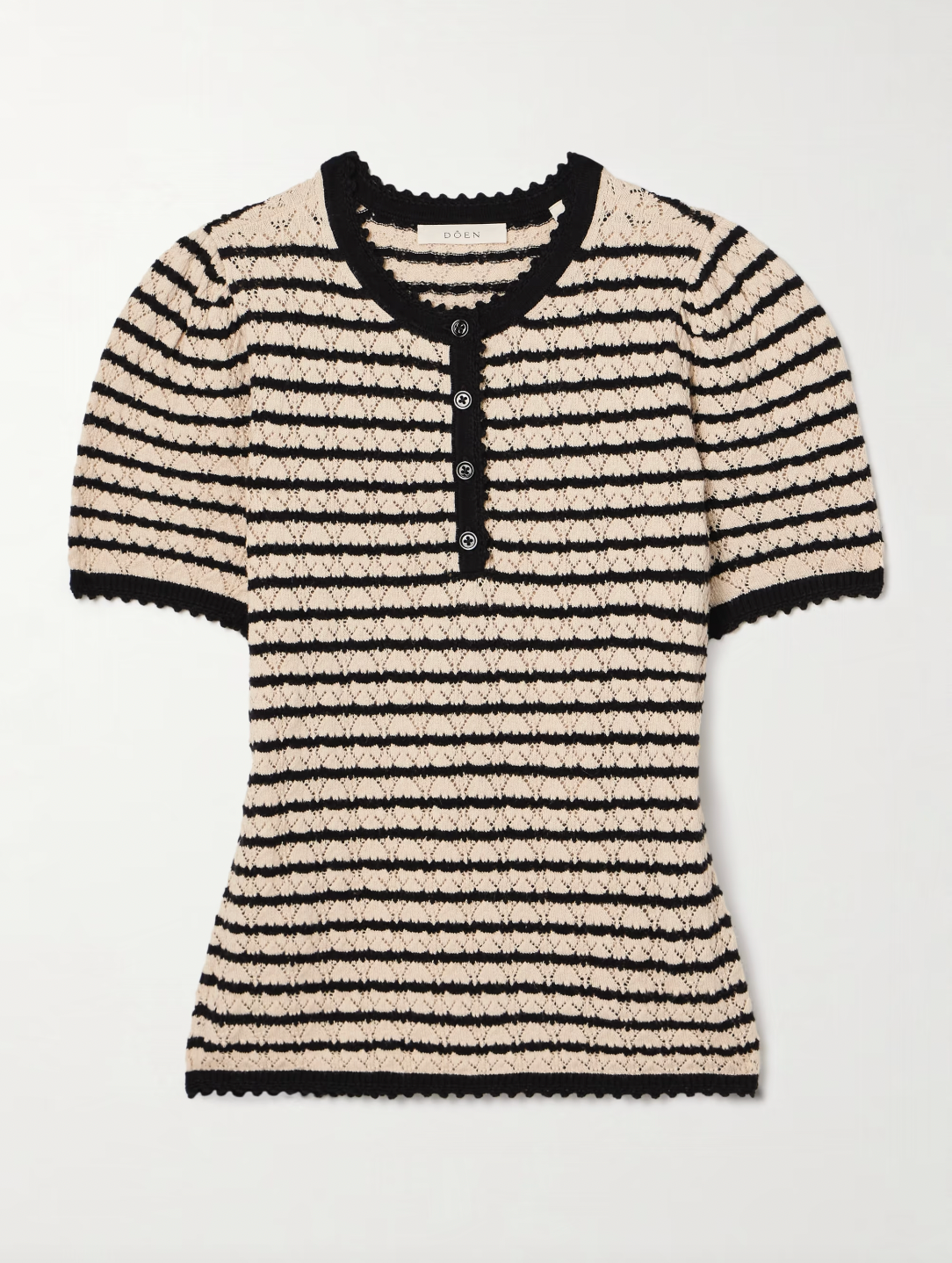 The Brandie striped pointelle-knit top by DÔEN blends cotton and silk for a soft, breathable feel. Its delicate pointelle-knit detailing and contrasting stripes add subtle texture and visual interest. Designed with a slightly loose fit, it features scalloped trims on the crew neckline, short sleeves, and hem for a refined finish. 