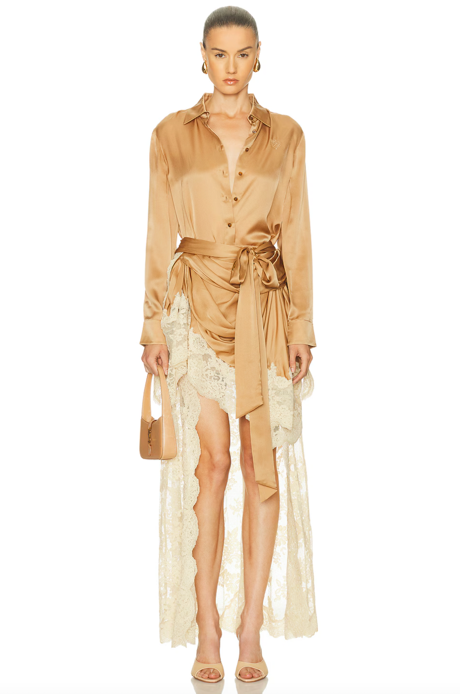 Crafted from midweight satin, the Hypnotic Satin Drape Skirt by Zimmermann features a refined asymmetrical hem accented with delicate lace trim for subtle elegance. Its partially lined design ensures comfort and movement, while a hidden back zip closure offers a sleek silhouette. The detachable belt with a front tie allows for versatile styling, making this skirt a sophisticated addition to any wardrobe. Please note, the piece is sold separately and not as a set.