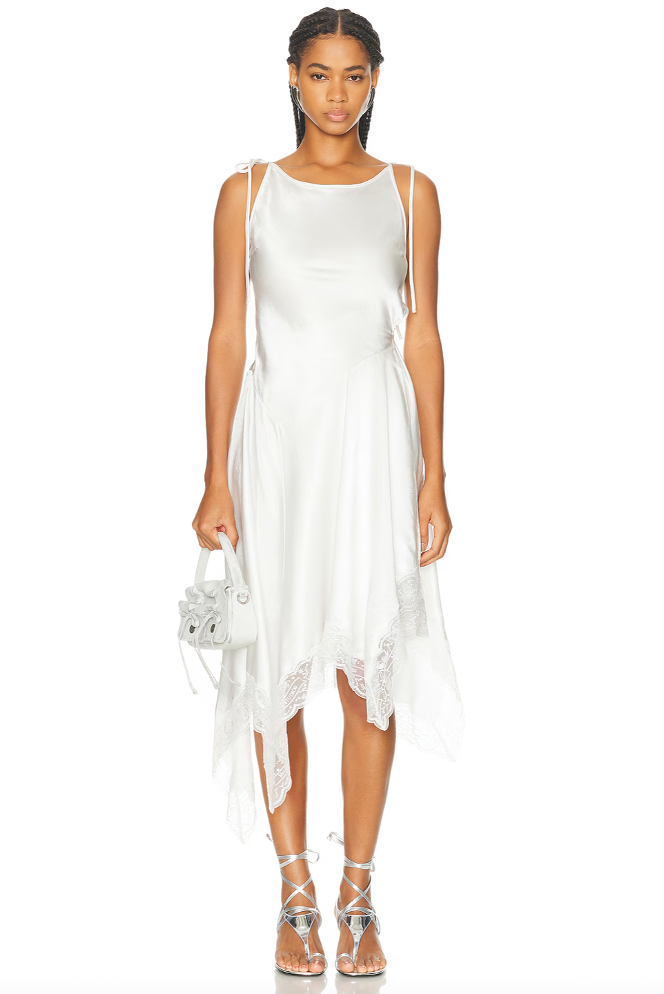 The Doyla Satin Lace Dress by Acne Studios features elegant shoulder tie-up closures and a wrap-style silhouette secured with a side tie-up, allowing for a customizable fit. Crafted from smooth satin fabric, it is delicately trimmed with lace for a refined touch. The asymmetrical hem enhances its sophisticated design, making this dress a perfect choice for occasions that demand both comfort and style.