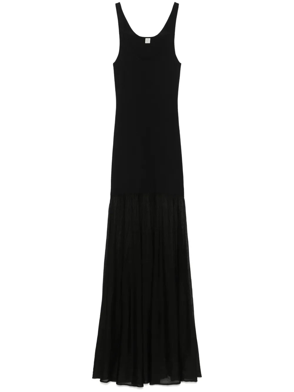 This black evening maxi dress by Toteme features a fine knit fabric with a panelled design that enhances its structured fit. The scoop neck and sleeveless cut create an elegant silhouette, while the unlined construction offers comfortable wear. The flared skirt flows gracefully into a long length, making it a sophisticated choice for formal occasions.