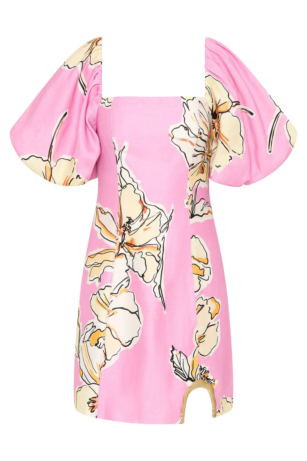 The Flourish Mini Dress features a modern straight neckline and elegant puff sleeves with stretch cuffs for a tailored fit. Its distinctive curved side cut-out with metal detail adds a sophisticated edge, highlighting the silhouette. Designed with a zip, hook, and eye closure, this lined dress ensures both comfort and a smooth finish, making it an ideal choice for refined, stylish occasions.