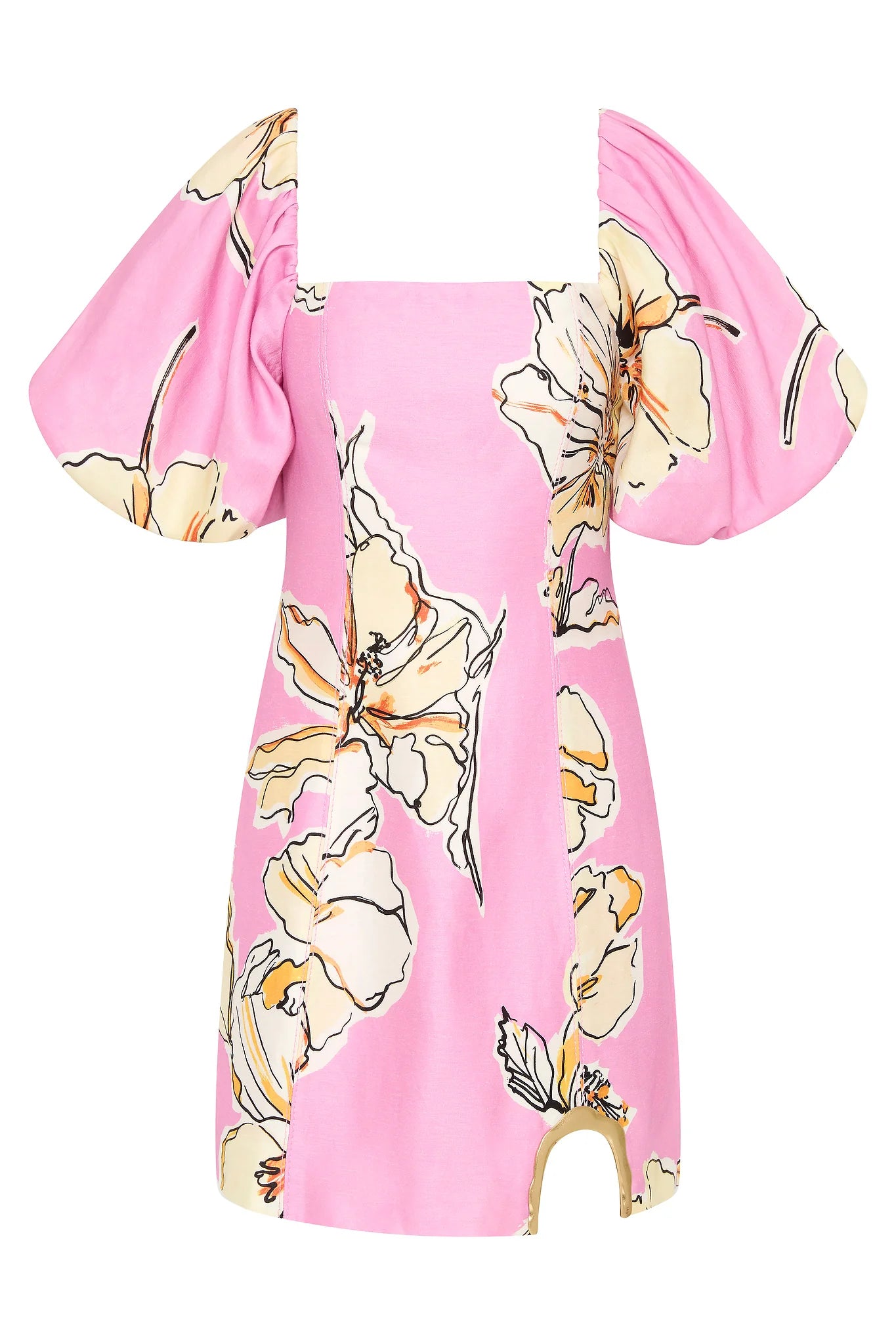The Flourish Mini Dress features a modern straight neckline and elegant puff sleeves with stretch cuffs for a tailored fit. Its distinctive curved side cut-out with metal detail adds a sophisticated edge, highlighting the silhouette. Designed with a zip, hook, and eye closure, this lined dress ensures both comfort and a smooth finish, making it an ideal choice for refined, stylish occasions.