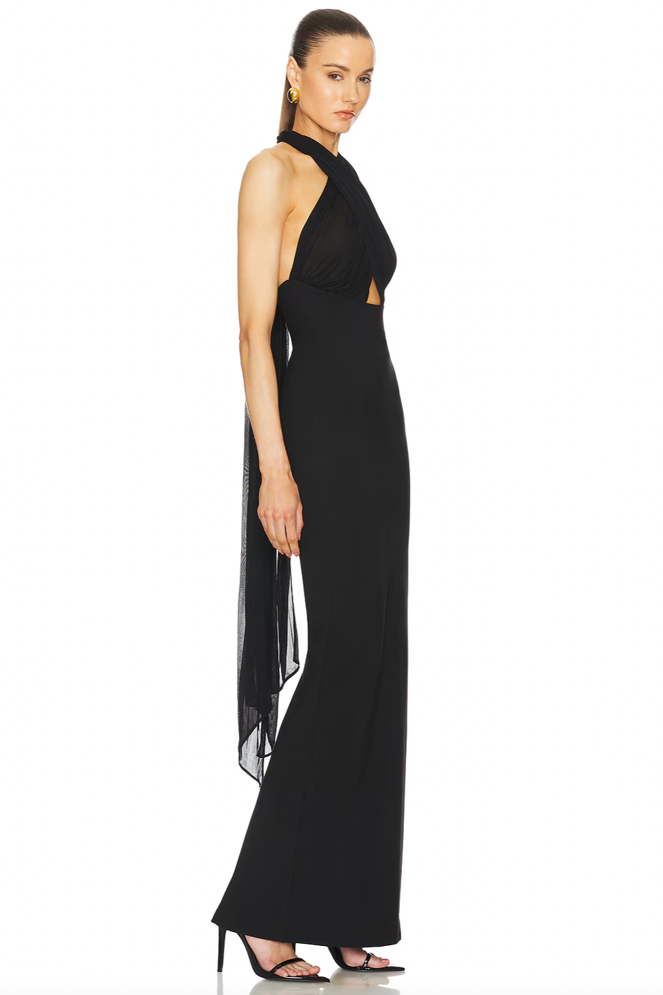 The Amber Dress by Helsa Studio strikes a perfect balance between elegance and daring style. Its sculpted silhouette and delicate draping create a flattering shape, while the halter neckline and sheer scarf add a sophisticated flair. The flared hem ensures graceful movement, and the sheer bodice introduces a bold, confident edge. Ideal for making a memorable impression, this dress offers a refined yet distinctive look for any special occasion.