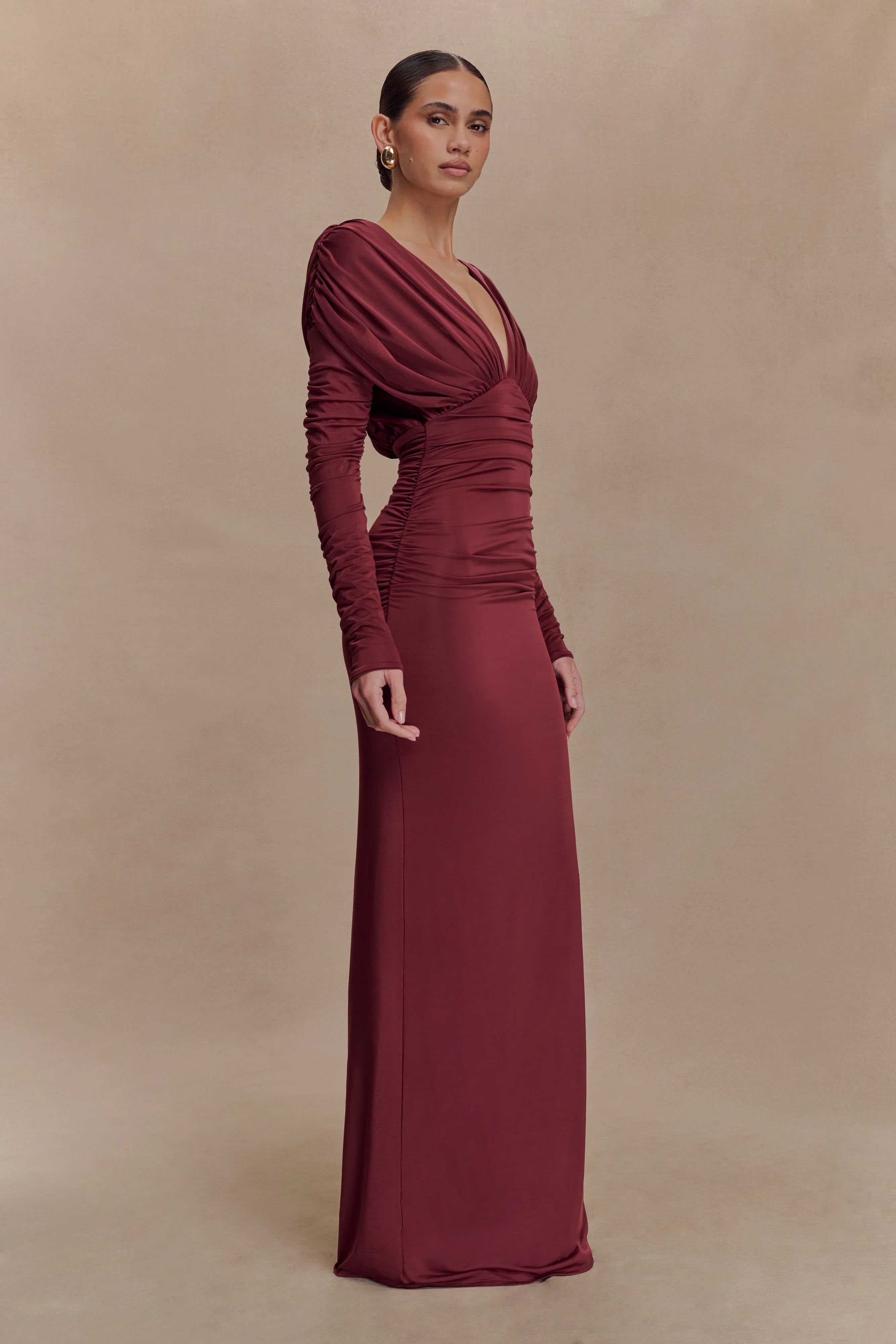 Hayden Long Sleeve Plunge Maxi Dress in Burgundy