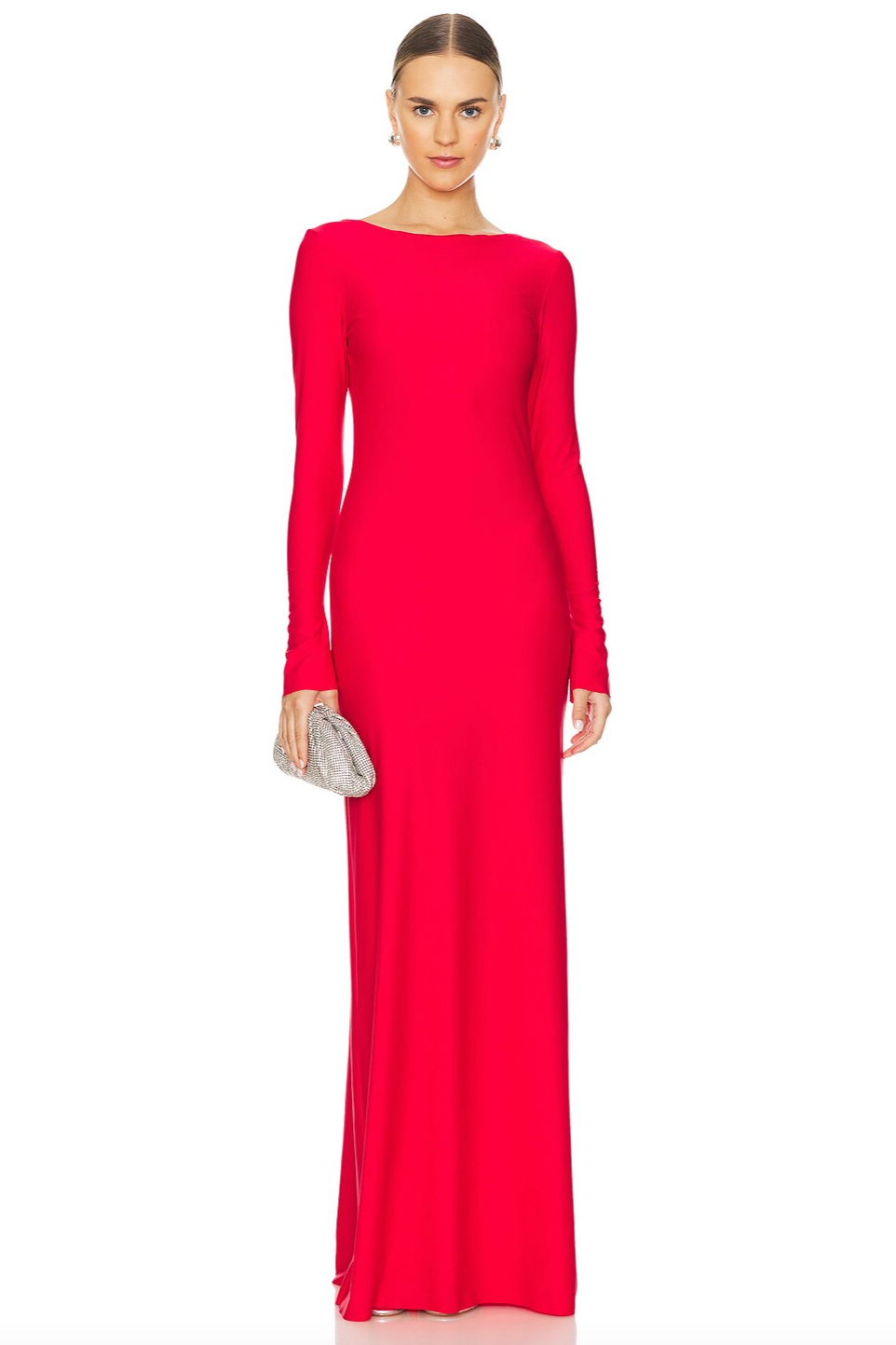 The Sabrine Dress combines elegance with subtle allure, featuring a low-cut back adorned with a delicate rhinestone-embellished leaf design that adds a refined sparkle. Crafted from slinky jersey fabric, it offers a smooth drape and comfortable fit, ideal for sophisticated occasions demanding both style and ease.