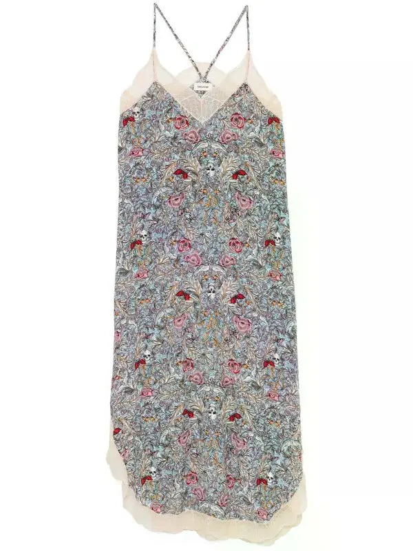 The Zadig & Voltaire Rystyl midi dress combines delicate lace detailing with a flattering V-neckline and slender spaghetti straps, creating an elegant silhouette. Designed in neutral tones, this versatile midi dress offers refined style suitable for both daytime and evening occasions.