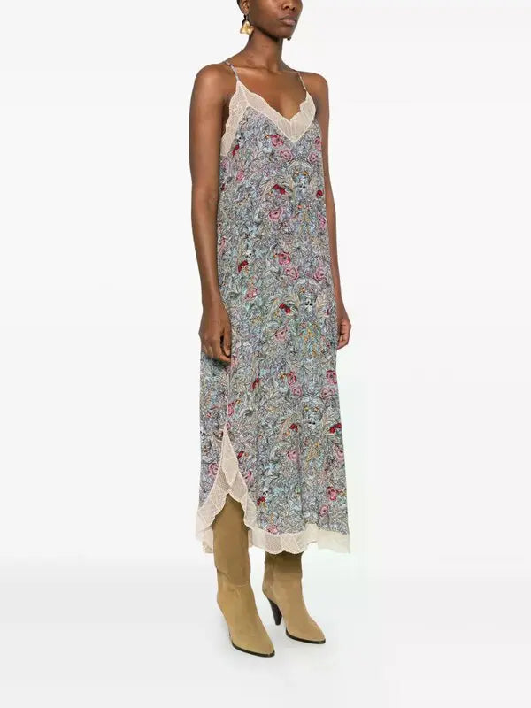 The Zadig & Voltaire Rystyl midi dress combines delicate lace detailing with a flattering V-neckline and slender spaghetti straps, creating an elegant silhouette. Designed in neutral tones, this versatile midi dress offers refined style suitable for both daytime and evening occasions.