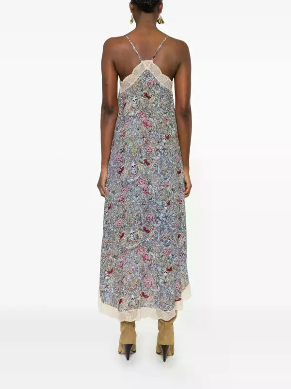 The Zadig & Voltaire Rystyl midi dress combines delicate lace detailing with a flattering V-neckline and slender spaghetti straps, creating an elegant silhouette. Designed in neutral tones, this versatile midi dress offers refined style suitable for both daytime and evening occasions.