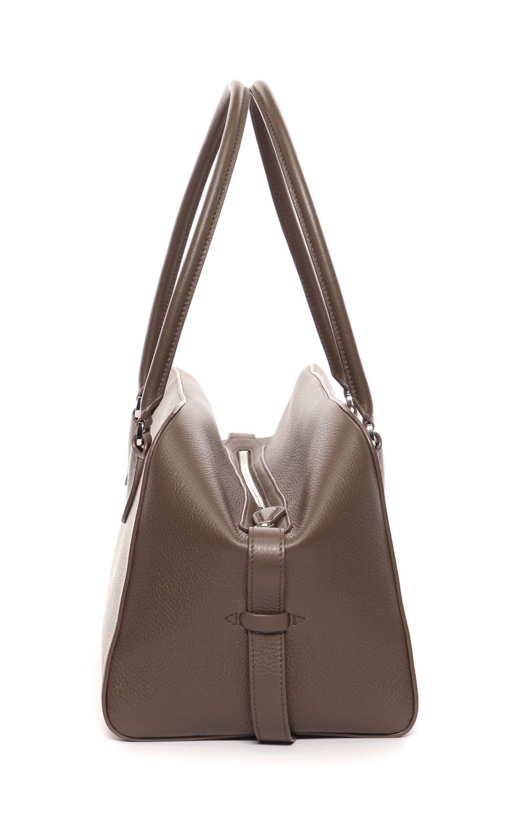 Crafted from luxurious grained calfskin leather, the E/W Leather Bowling Bag by The Row combines refined simplicity with architectural precision. Its structured silhouette features distinctive gussets and sturdy tubular handles, providing both style and durability. The secure zip-top closure ensures your essentials remain safe, making this bag a timeless accessory that embodies meticulous craftsmanship and understated elegance.