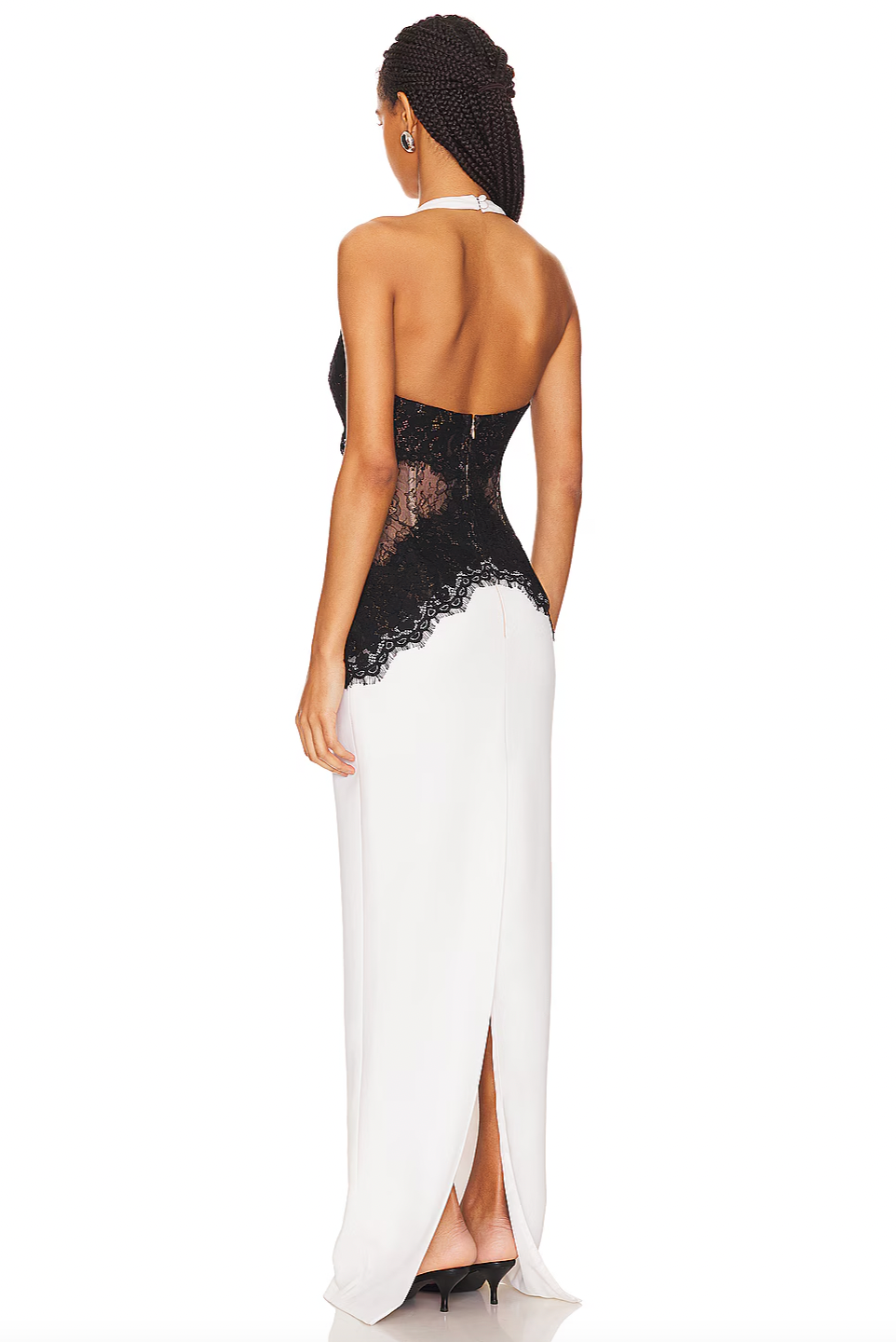 Rasario’s Crepe and Lace Maxi Dress expertly combines elegance and femininity for special occasions. Crafted from soft crepe, the dress gracefully contours your silhouette, while delicate lace trims on the bodice add refined detail. A striking low back design enhances its romantic appeal, making it an ideal choice for sophisticated events.