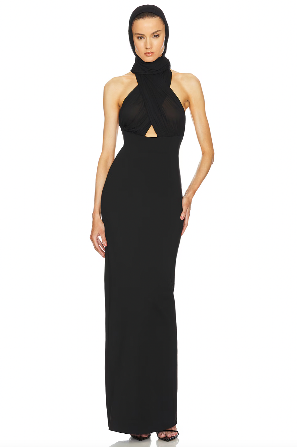 The Amber Dress by Helsa Studio strikes a perfect balance between elegance and daring style. Its sculpted silhouette and delicate draping create a flattering shape, while the halter neckline and sheer scarf add a sophisticated flair. The flared hem ensures graceful movement, and the sheer bodice introduces a bold, confident edge. Ideal for making a memorable impression, this dress offers a refined yet distinctive look for any special occasion.