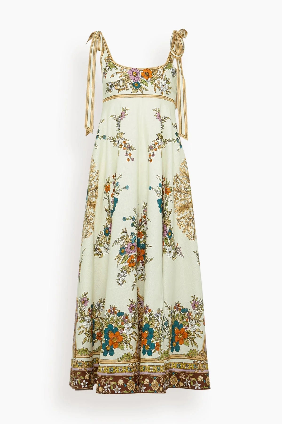 The Antoinette Ballet Sundress in Cream features Alemais’s standout print of the season, designed with an elegant empire waistline that flatters a variety of figures. Its midi length and full skirt create a graceful silhouette, while the shirred back and concealed zipper ensure a comfortable, seamless fit. Adjustable tie shoulders add a delicate touch, making this dress versatile for daytime outings when paired with flats and a tote. 