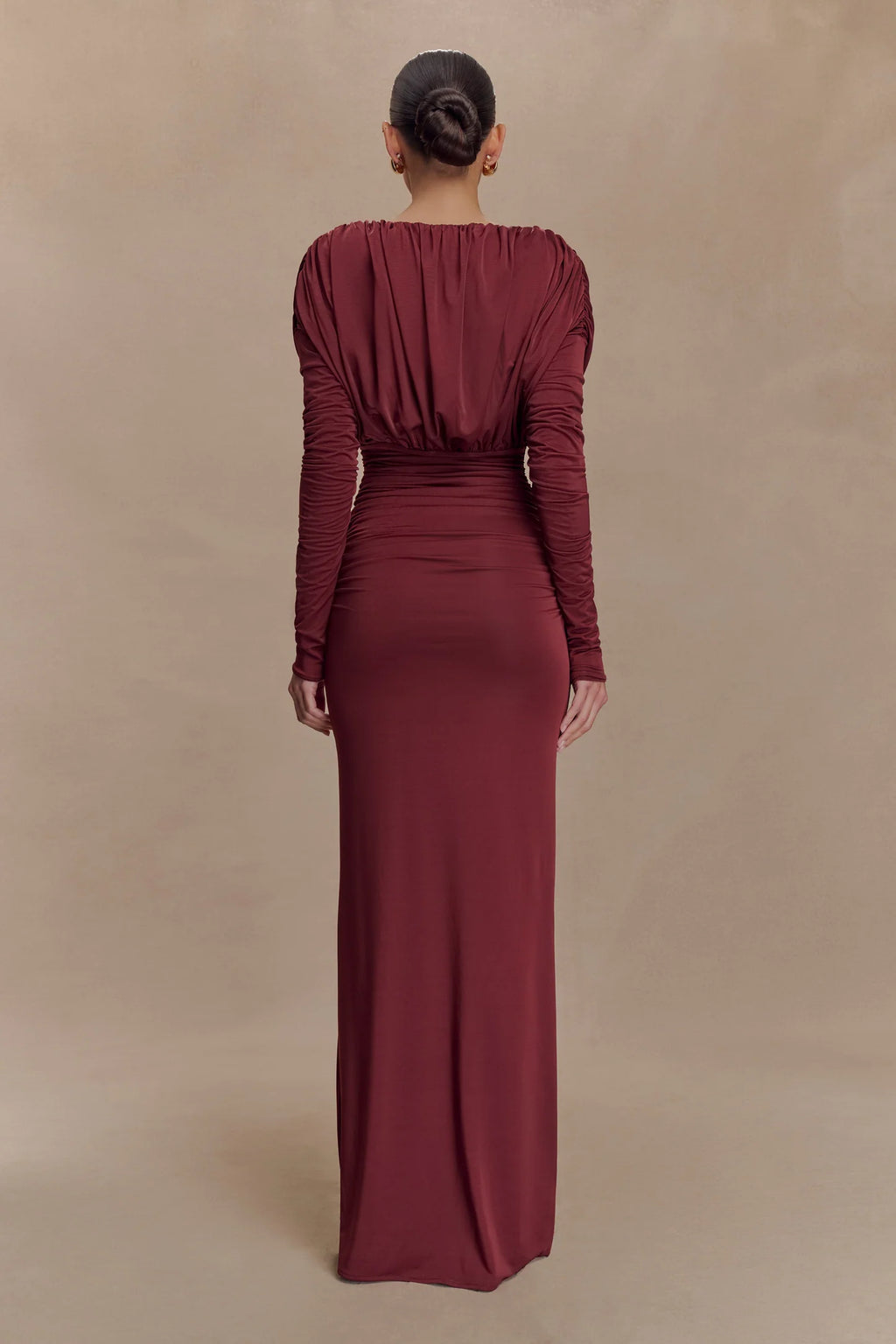 Hayden Long Sleeve Plunge Maxi Dress in Burgundy