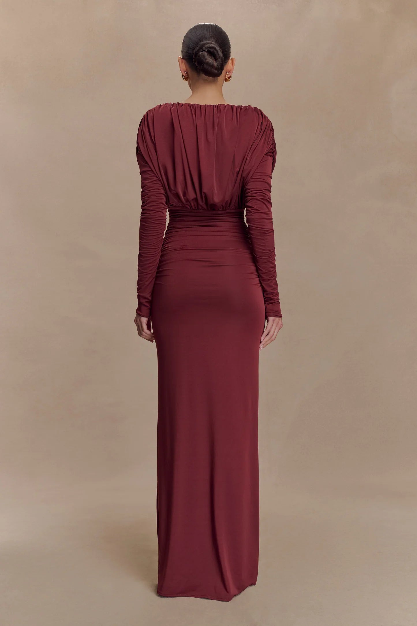 Hayden Long Sleeve Plunge Maxi Dress in Burgundy