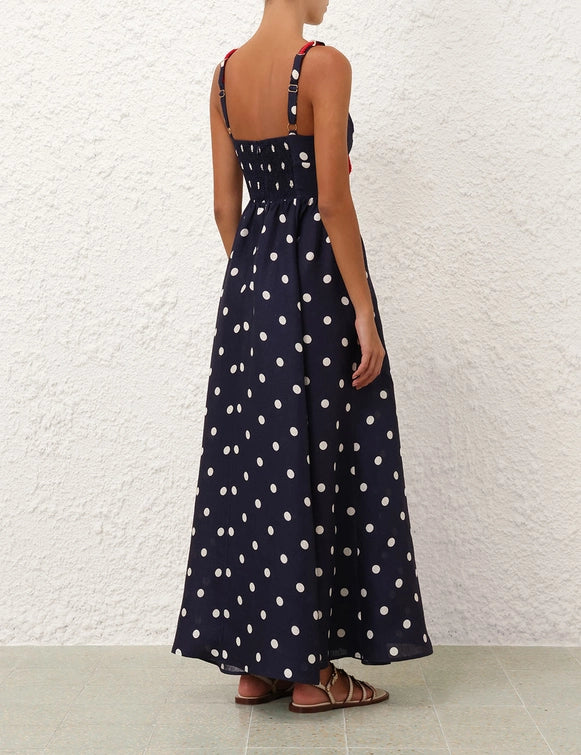 The Scarborough Eyelet Maxi Dress by Zimmermann blends classic style with expert tailoring. Crafted from linen, it features a V-neckline enhanced by rope tie detailing woven through the straps and bust for a refined, textured look. The shirred bodice ensures a flattering fit, complemented by adjustable straps and an invisible back zip with hook-and-eye closure for ease and comfort. 