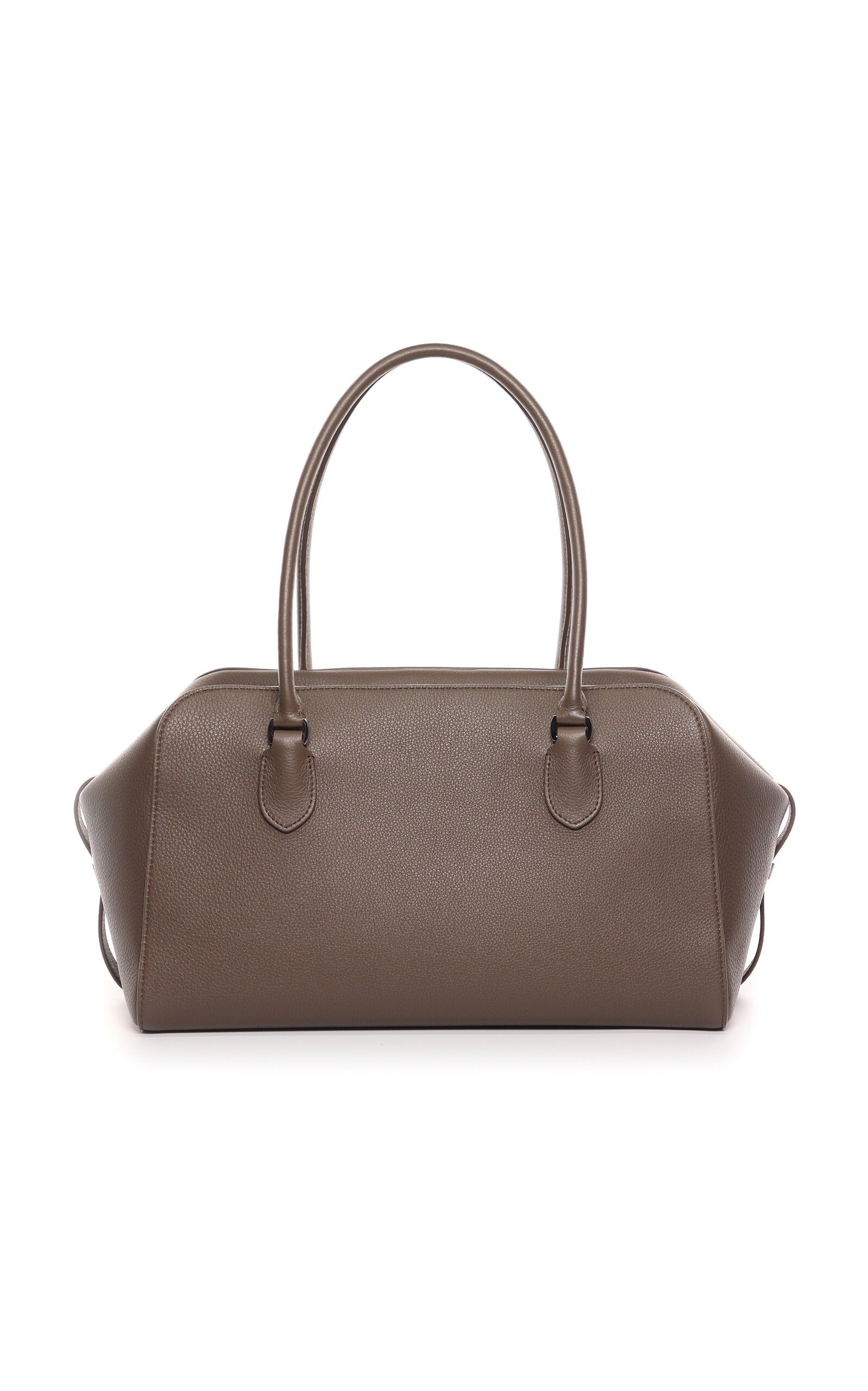 Crafted from luxurious grained calfskin leather, the E/W Leather Bowling Bag by The Row combines refined simplicity with architectural precision. Its structured silhouette features distinctive gussets and sturdy tubular handles, providing both style and durability. The secure zip-top closure ensures your essentials remain safe, making this bag a timeless accessory that embodies meticulous craftsmanship and understated elegance.
