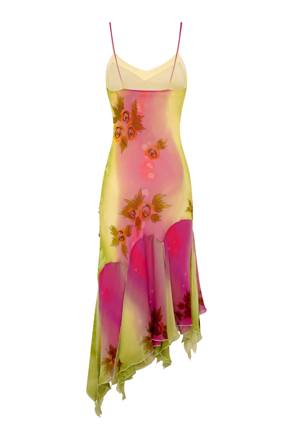 Crafted entirely by hand, the Coral Midi Dress showcases exquisite silk fabric detailed with intricate beadwork and custom floral embellishments in a captivating green and pink gradient watercolor. Its asymmetrical silhouette offers a unique, elegant shape that commands attention, making it a standout choice for refined occasions.