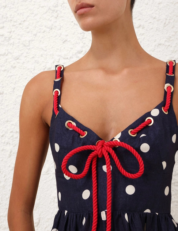 The Scarborough Eyelet Maxi Dress by Zimmermann blends classic style with expert tailoring. Crafted from linen, it features a V-neckline enhanced by rope tie detailing woven through the straps and bust for a refined, textured look. The shirred bodice ensures a flattering fit, complemented by adjustable straps and an invisible back zip with hook-and-eye closure for ease and comfort. 