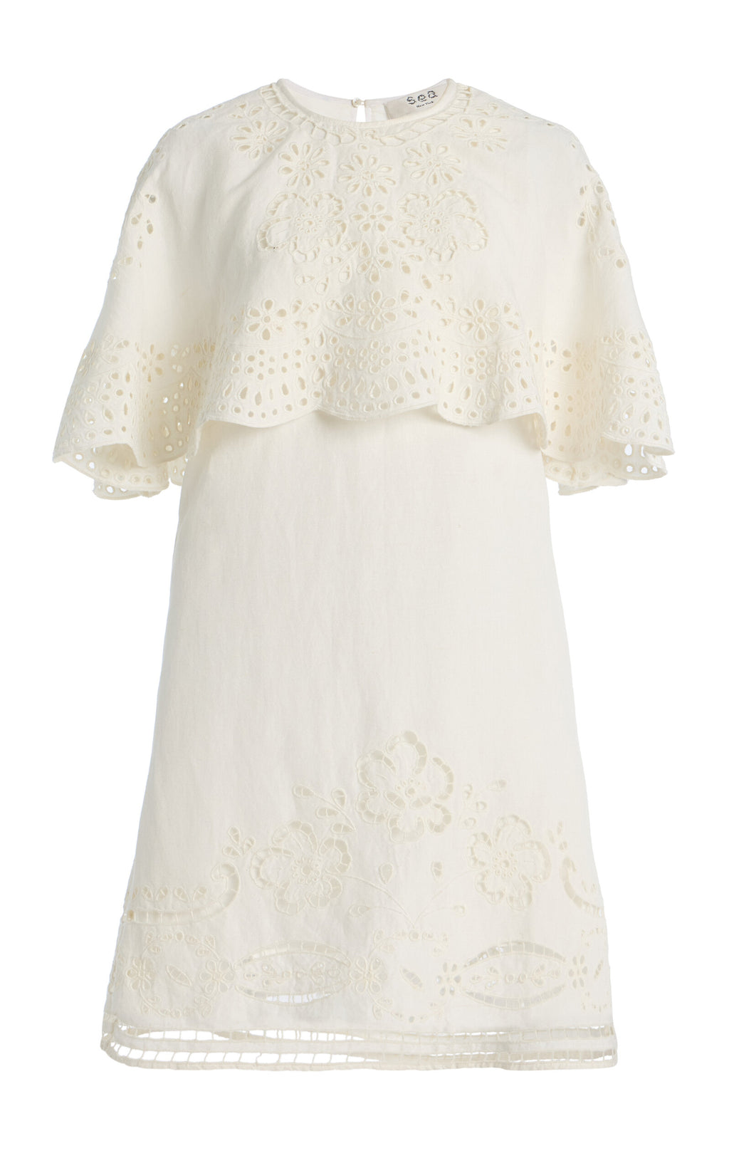 The Lulu Embroidered Linen-Blend Mini Dress by SEA New York combines breathable viscose-linen fabric with delicate eyelet embroidery for a refined texture. Its flouncy capelet adds a sophisticated silhouette, making it an ideal choice for warm-weather occasions where comfort meets understated elegance. This dress offers both lightweight wearability and distinctive design details for a polished, expert look.