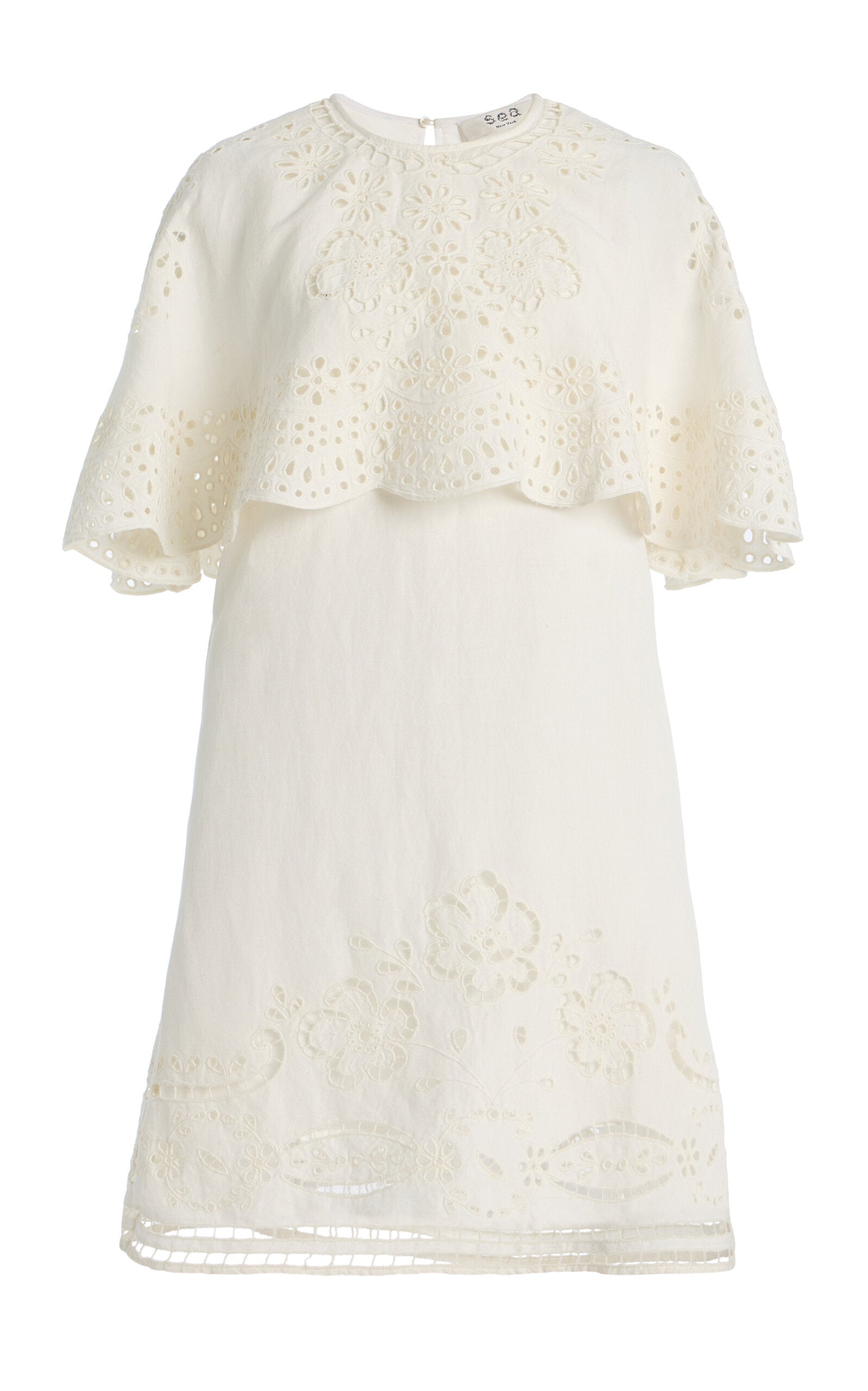 The Lulu Embroidered Linen-Blend Mini Dress by SEA New York combines breathable viscose-linen fabric with delicate eyelet embroidery for a refined texture. Its flouncy capelet adds a sophisticated silhouette, making it an ideal choice for warm-weather occasions where comfort meets understated elegance. This dress offers both lightweight wearability and distinctive design details for a polished, expert look.