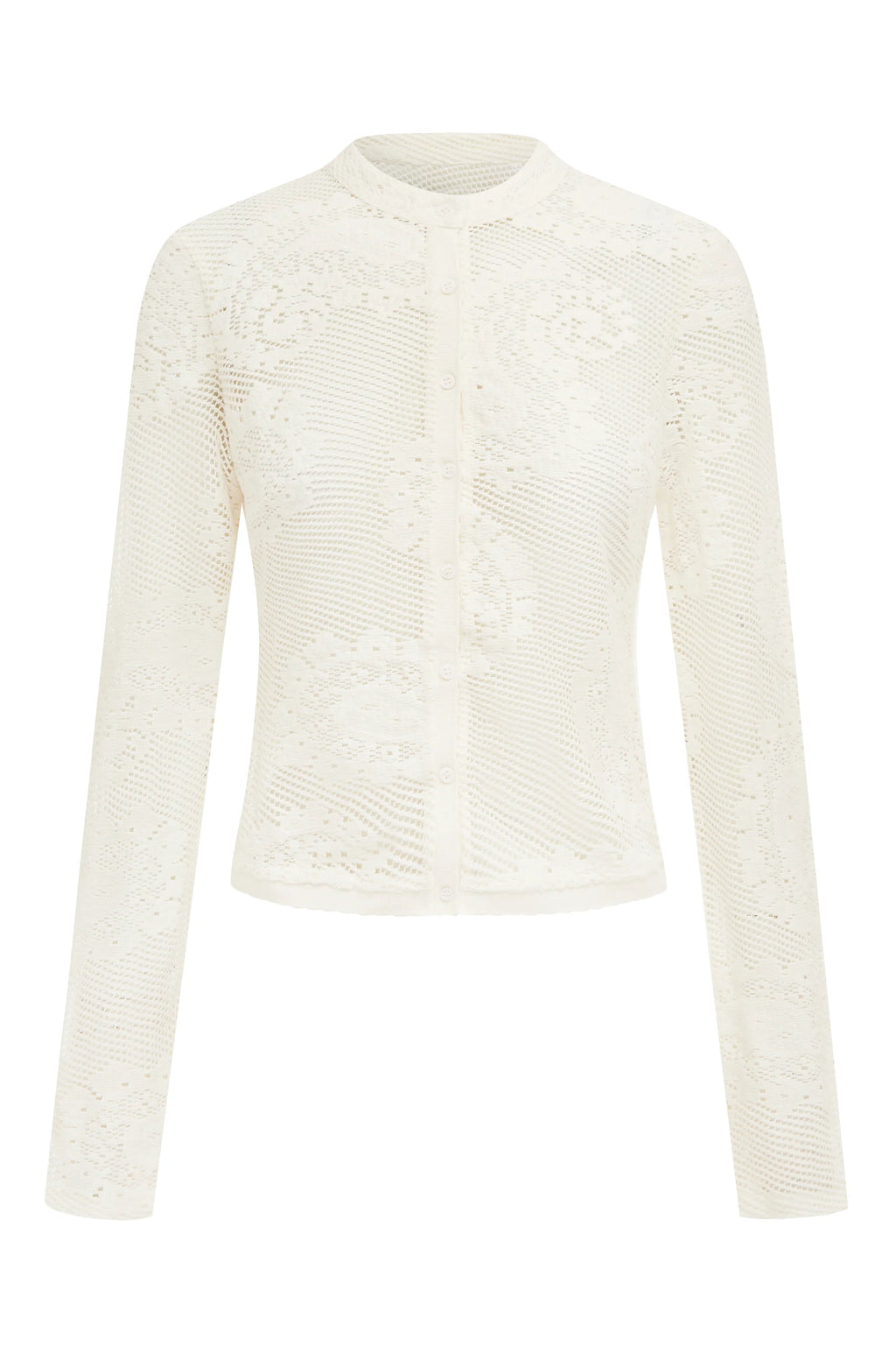 The Dom Top by With Jean is an expertly crafted long-sleeve cardigan with a button-up front and a refined neckline collar. It features delicate scalloped trim and custom hand-drawn crochet lace detailing, combining intricate craftsmanship with timeless style for a sophisticated and elegant look.