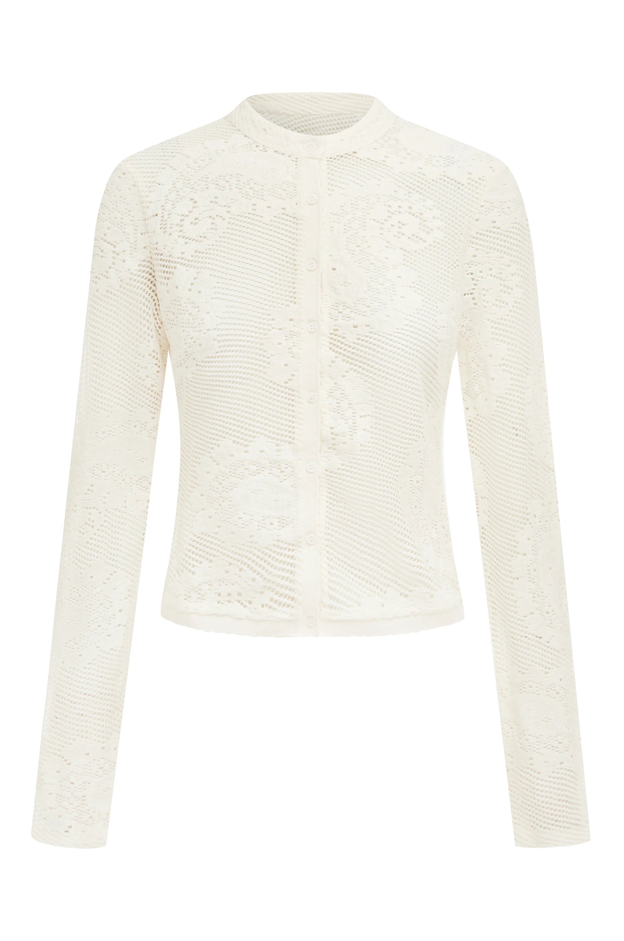 The Dom Top by With Jean is an expertly crafted long-sleeve cardigan with a button-up front and a refined neckline collar. It features delicate scalloped trim and custom hand-drawn crochet lace detailing, combining intricate craftsmanship with timeless style for a sophisticated and elegant look.