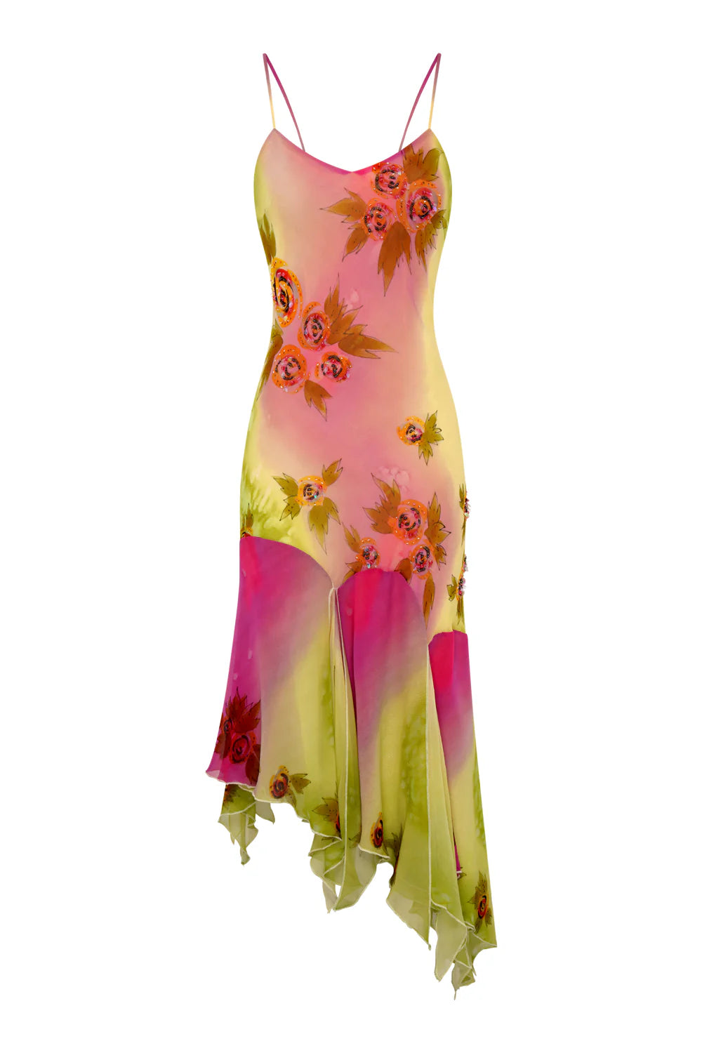 Crafted entirely by hand, the Coral Midi Dress showcases exquisite silk fabric detailed with intricate beadwork and custom floral embellishments in a captivating green and pink gradient watercolor. Its asymmetrical silhouette offers a unique, elegant shape that commands attention, making it a standout choice for refined occasions.