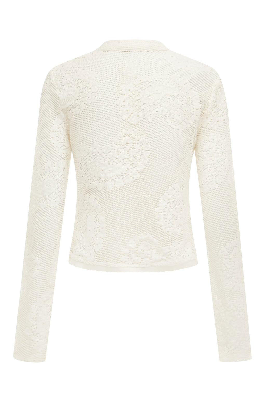 The Dom Top by With Jean is an expertly crafted long-sleeve cardigan with a button-up front and a refined neckline collar. It features delicate scalloped trim and custom hand-drawn crochet lace detailing, combining intricate craftsmanship with timeless style for a sophisticated and elegant look.