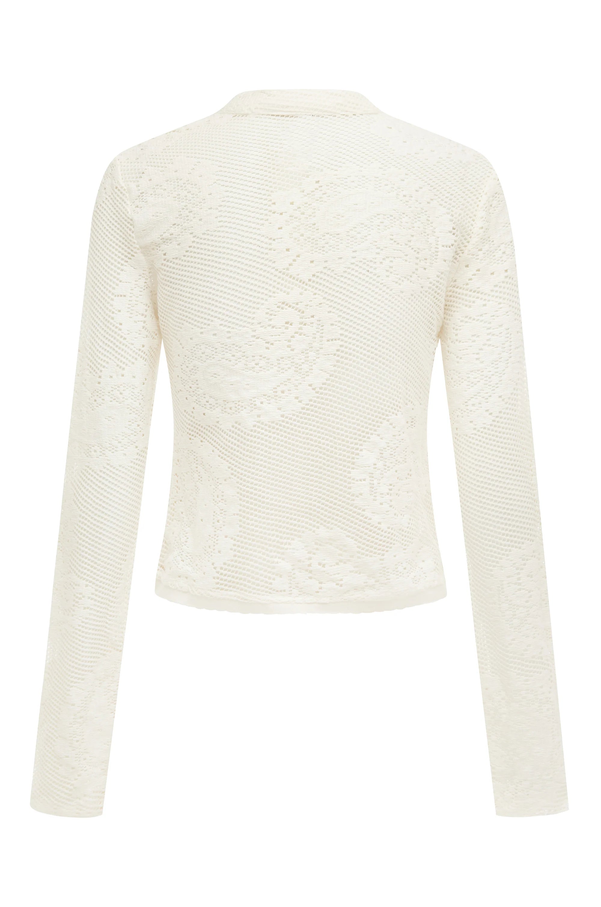 The Dom Top by With Jean is an expertly crafted long-sleeve cardigan with a button-up front and a refined neckline collar. It features delicate scalloped trim and custom hand-drawn crochet lace detailing, combining intricate craftsmanship with timeless style for a sophisticated and elegant look.