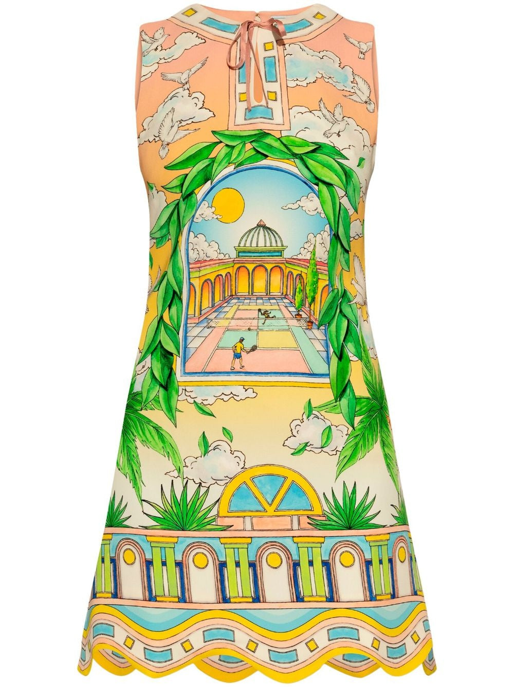 Elevate your wardrobe with the Paysage Ideal graphic-print minidress by Casablanca, expertly crafted in Italy. Featuring a vibrant grass green and multicolour all-over graphic print, this thigh-length dress showcases an A-line silhouette with a delicate scallop hem. The sleeveless design is complemented by a keyhole neck and front tie fastening, while a concealed rear zip ensures a seamless fit. 